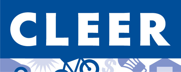 A blue logo with bikes in the background that reads "CLEER"