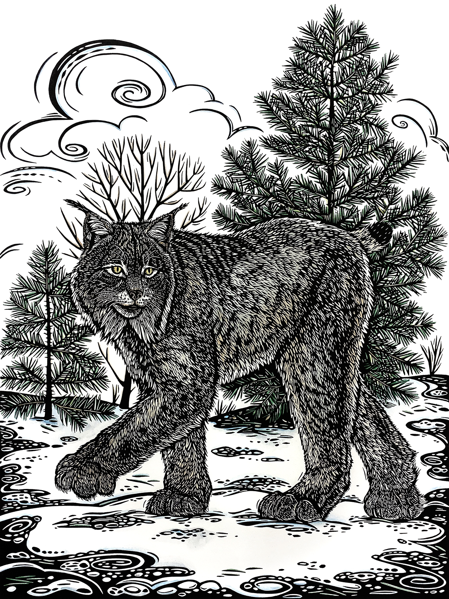 A linocut image of a lynx creeping through the forest.