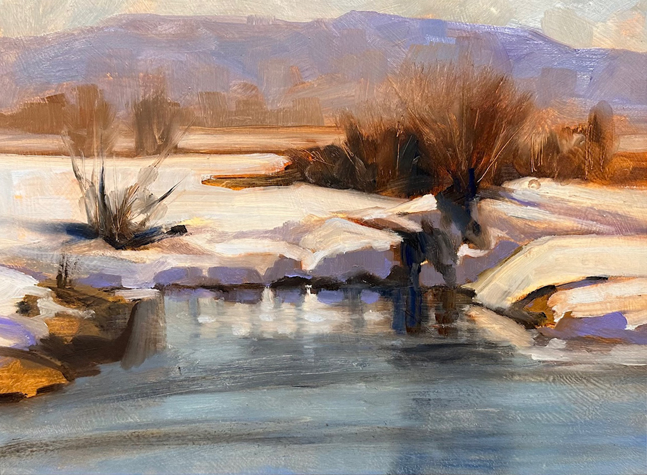 painting of bush and snow near river