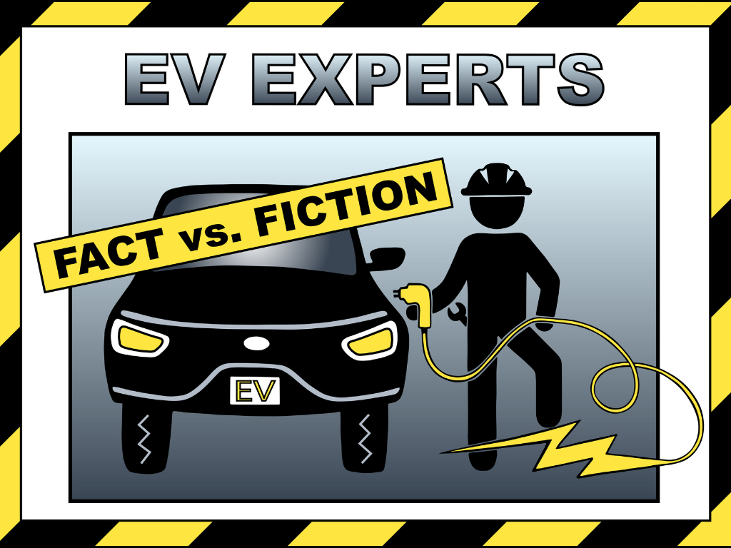Graphic of a person charging an electric vehicle with a lightning bolt that reads, "EV Experts, Fact vs. Fiction."