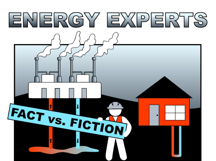 Graphic of a house with a geothermal loop and a cartoon worker in front of a geothermal station that reads "energy experts: Fact vs. Fiction."