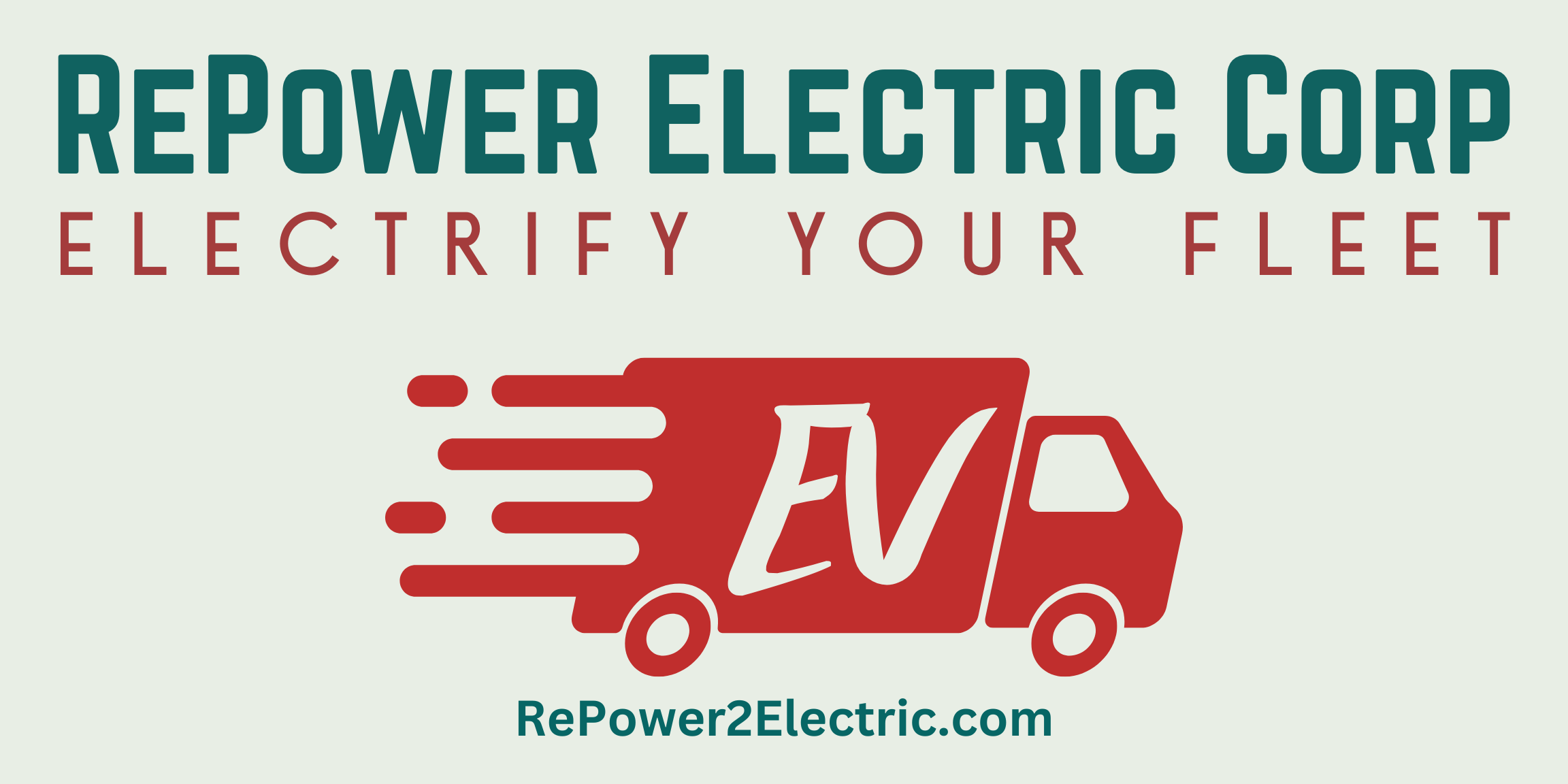 Logo with a picture of a red box truck that reads repower electric corp, electrify your fleet.