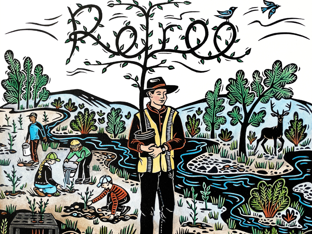 Painted image that reads "ReTree" with a person holding a tree and the tree branches forming the word, with others planting along the river in the background.